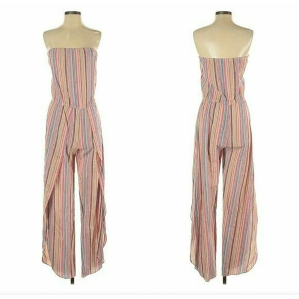 Striped Strapless Jumpsuit By Drew Womens XL Multicolor Rayon Linen Cotton Blend